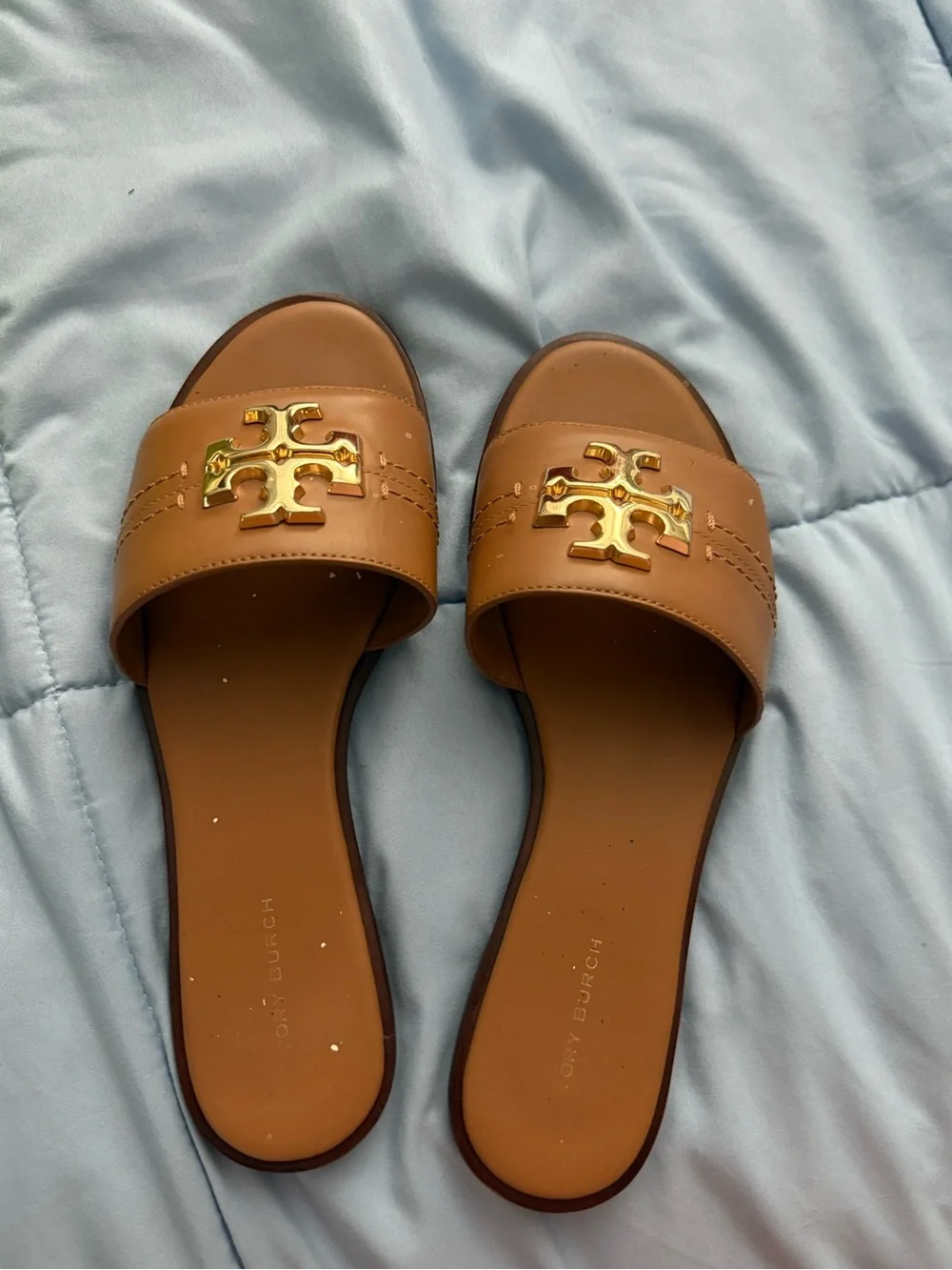 Tory Burch Tan Leather Logo Slide Sandals with Gold Emblem